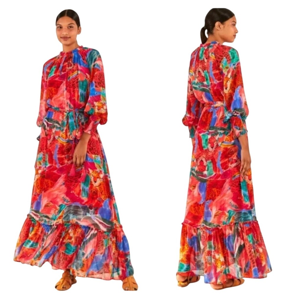 Farm Rio Mixed Print Maxi Dress Animal Collage Tie Waist Ruffle Long Sleeve XS‎ - Picture 2 of 14